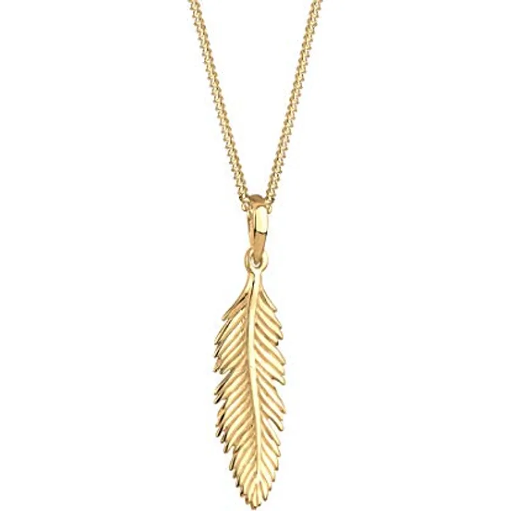 Elli Halskette Damen Feder Anhänger Boho Festival, 925 Sterling Silber vergoldet, handgefertigt, anlaufgeschützt