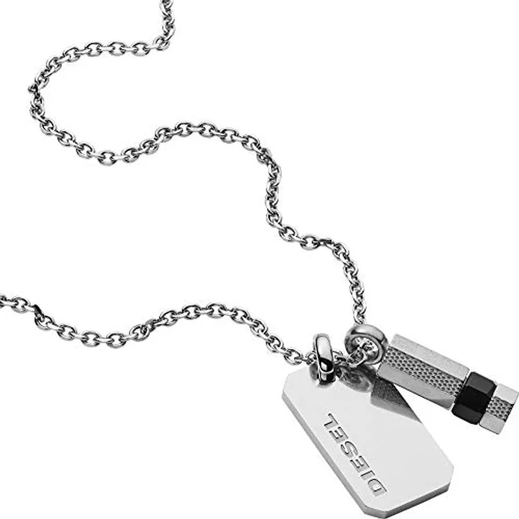 Diesel Halskette für Männer DX1156040, Doppelanhänger aus Edelstahl, 50 cm + 5 cm, Silber, Karabiner-Verschluss in Geschenkbox