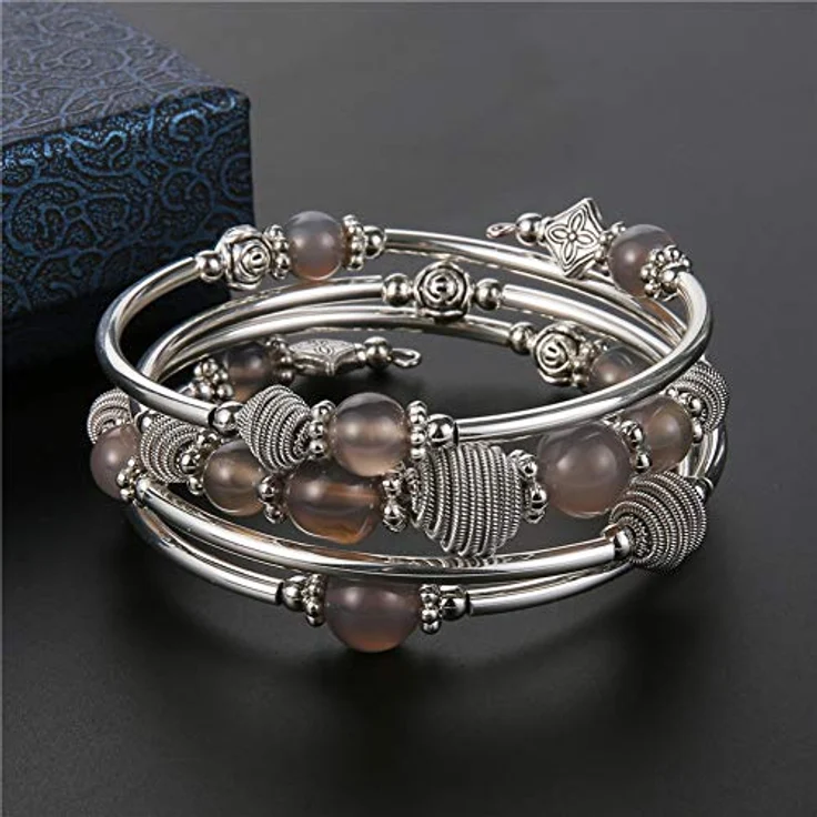 Bulinlin Silber Wickelarmband mit Naturstein Perlen, Boho Mehrschichtiges Damen Armband, Agate Grey, perfektes Modegeschenk – Bild 3
