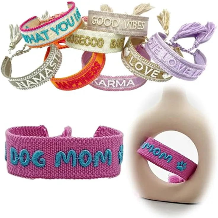 LS-LebenStil Exklusives Statement Armband - Dog Mom Pink Magenta Türkis, Boho Canvas Webarmband mit Quasten, 16-20cm, waschbar, ideal als Freundschaftsarmband