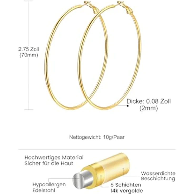 GoldChic Gold Creolen Ohrringe, 70MM Huggie Hoop aus Edelstahl, Hautfreundlich, Ideal als Geschenk für Damen – Bild 5
