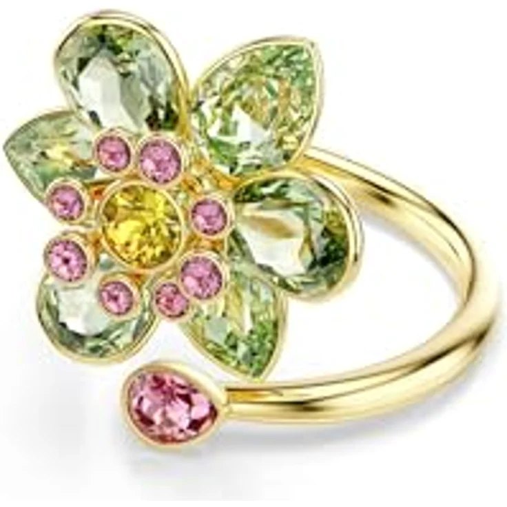 Swarovski Idyllia Offener Ring, Grüner vergoldeter Damenring mit Blumen-Motiv und Kristallen in Grün, Pink und Gelb, Größe 55 – Bild 1