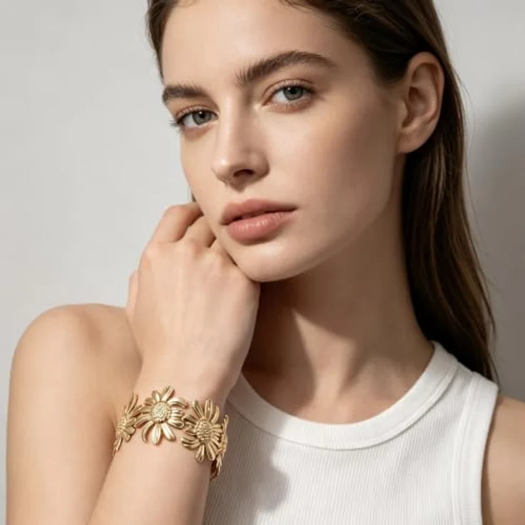 FOSLXIN Gold Armreif Damen, Chunky Edelstahl Armband mit Blumen Vintage Design, verstellbar, hypoallergen, Gold B – Bild 4