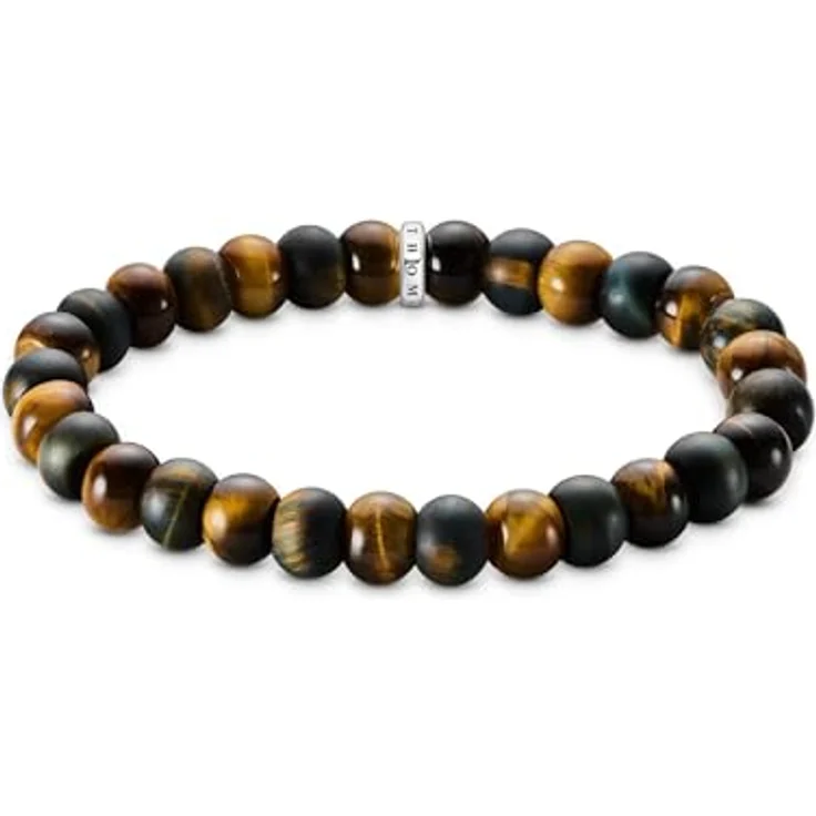 Thomas Sabo Armband Tigerauge, 21 cm, Goldbraun und Blaugold, recyceltes 925 Silber, Stretch-Armband mit ovalen Beads – Bild 1