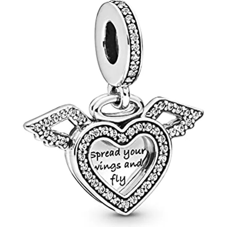 PANDORA Charm "Herz & Engelsflügel" 798485C01, Sterling-Silber mit Cubic Zirkonia, zweiseitiges Design mit Engelsflügel und Heiligenschein