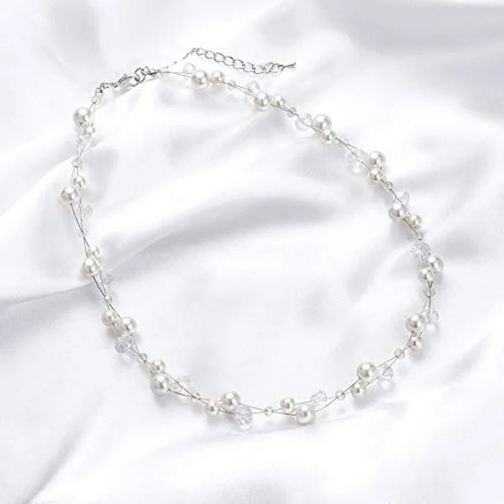 Bulinlin Damen Kristall Perlenkette, Silber Boho Statement Choker Halskette, 17-Zoll + 3-Zoll Verlängerung, weiß – Bild 3