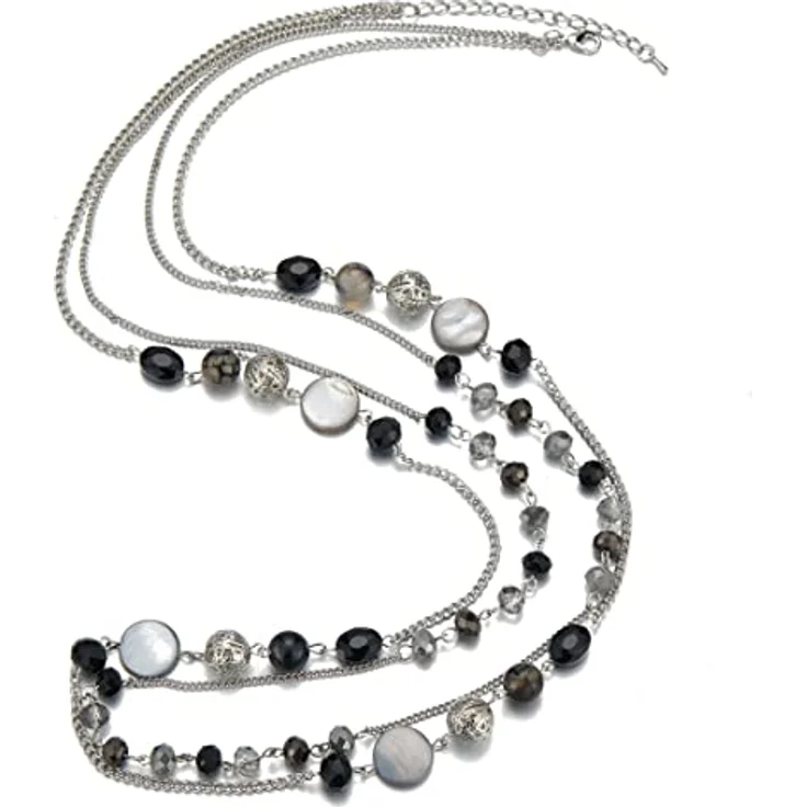 FULU AUTUMN Lange Perlenkette Silber, Zwei Strang Modeschmuck Halskette mit Kristall und Achatmuscheln, Geschenk für Damen (Schwarz) – Bild 2