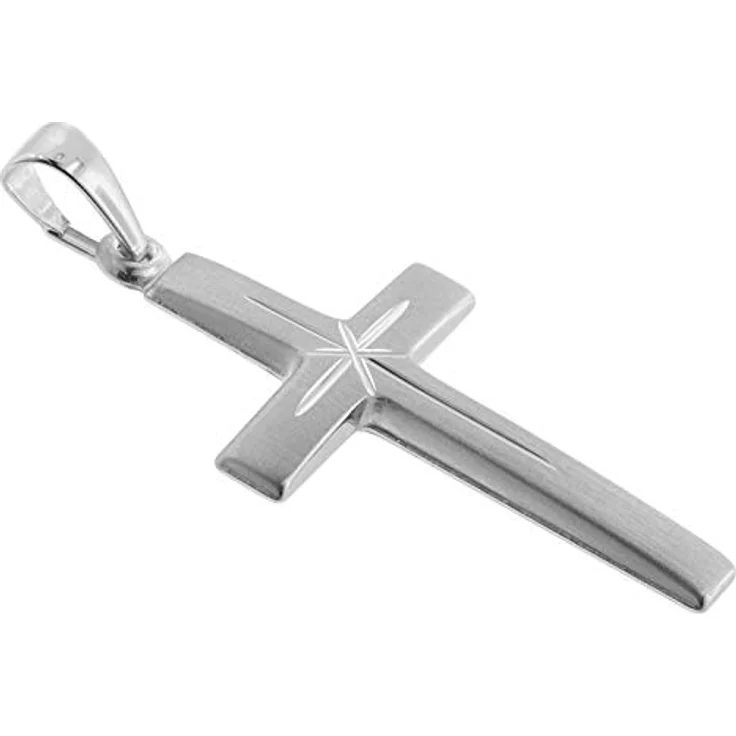 trendor Kreuz-Anhänger 24 mm Weißgold 585 (14 Karat) mit Silberkette, Damen und Herren Halskette, seidenmatt mit diamantiertem Dekor, 45 cm – Bild 2