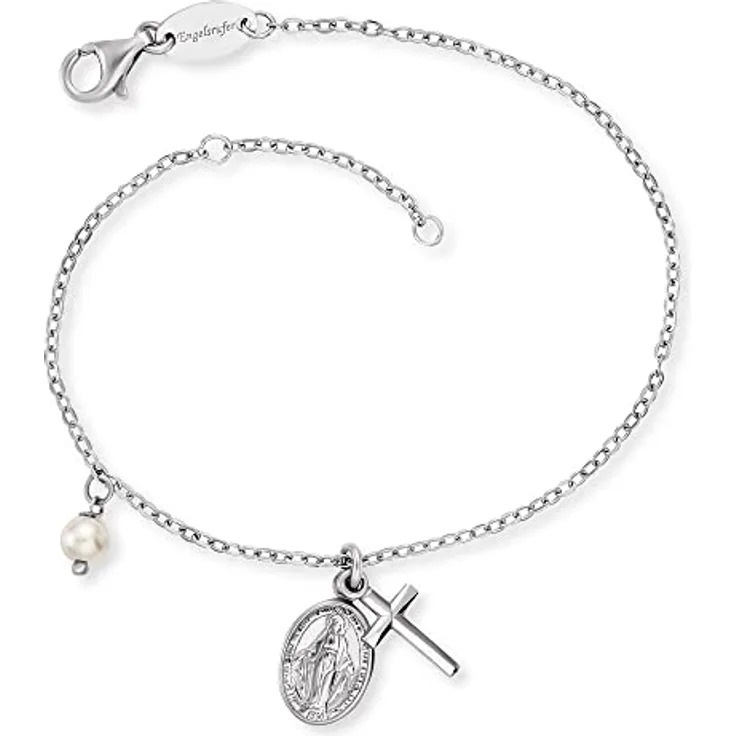 Engelsrufer Damen Armband aus Sterling Silber mit Kreuz und Maria Symbol, Muschelperlen Anhänger, verstellbar 17-19 cm, nickelfrei, Karabinerverschluss