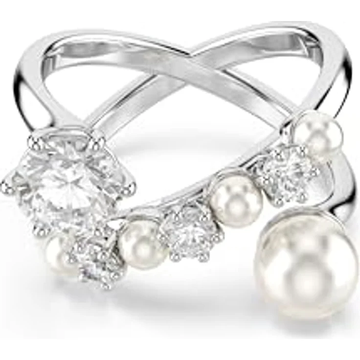 Swarovski Matrix Cocktailring, weißer rhodinierter Damenring mit Kristallperlen und Zirkonia im Rundschliff, offenes Design, Größe 50 – Bild 1