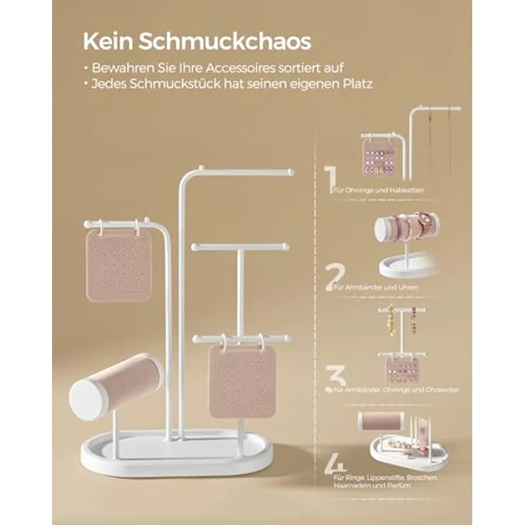 SONGMICS Schmuckständer JJS025W01, Metallrahmen mit 2 Ohrring-Organizern, 4 Hängestangen und ovalem Schmucktablett, wolkenweiß, für Ohrringe, Armbänder und Ringe – Bild 4