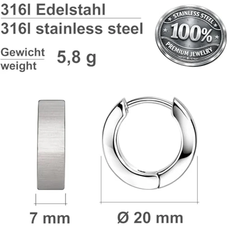Soul-Cats Creolen Silber gebürstet aus Edelstahl – Unisex Ohrringe für Damen & Herren, schlicht & modern, Ø 20mm / 7mm breit – Bild 2