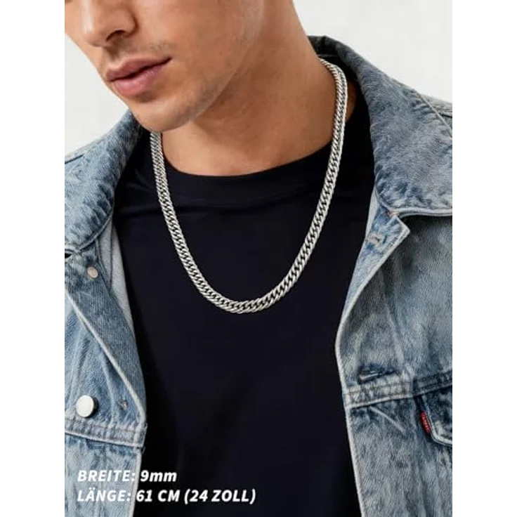 FindChic Massive Panzerkette 9mm Cuban Chain, 76cm Edelstahl Silberkette mit Geschenkebox für Jungen – Bild 2