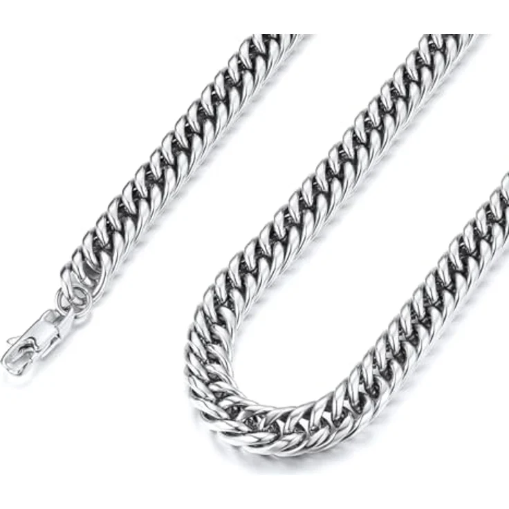 FindChic Massive Panzerkette 9mm Cuban Chain, 76cm Edelstahl Silberkette mit Geschenkebox für Jungen – Bild 1
