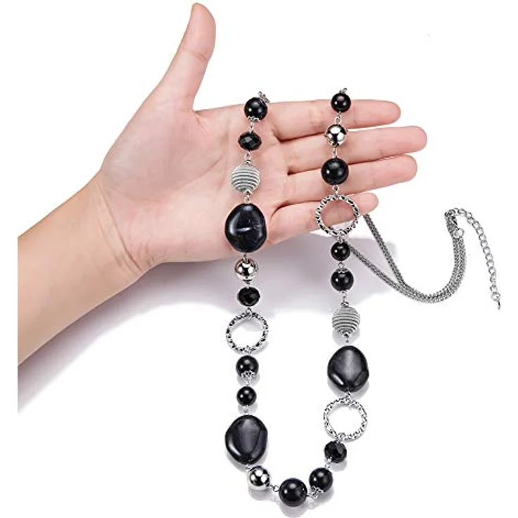 Bulinlin Damen Lange Perlenkette Statement Boho Silberkette mit Harz- und Glaskristallperlen, 35 Zoll + 3 Zoll Verlängerung, Schwarz – Bild 2