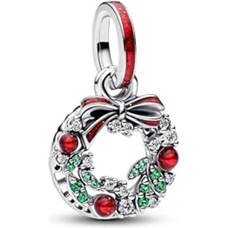 PANDORA Moments Weihnachtskranz Doppelter Charm-Anhänger aus Sterling-Silber mit grünen künstlichen Kristallen und roter glitzernder Emaille, kompatibel mit ME und Moments, 794238C01 – Bild 1