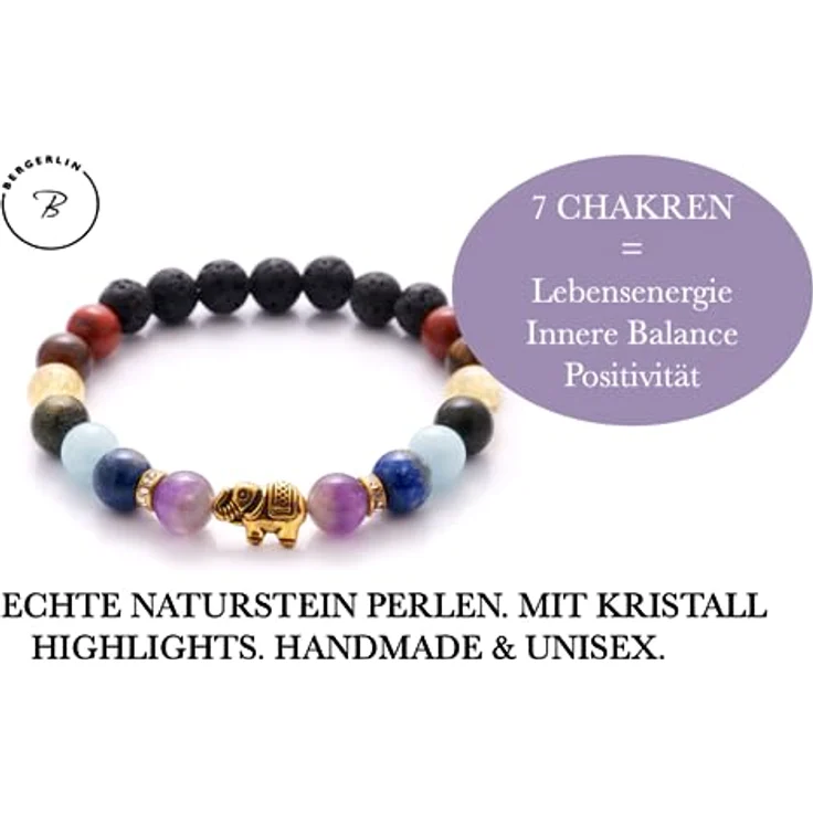 BERGERLIN 7 Chakren Armband aus 8mm Naturstein und Lavastein, mit Elefant, Größe M-L, handgemacht, geprüft, Patina Look – Bild 3