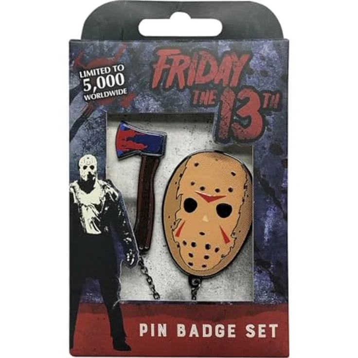 FaNaTtik Freitag 13th Pin Badge Duo, limitiertes Set mit Jason's Hockeymaske (58x42,4mm) und Axt (68,8x26,7mm), Metall mit Verbindungskette – Bild 2