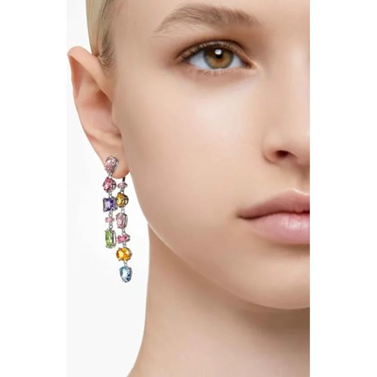 Swarovski Gema Drop-Ohrhänger, Mehrfarbige, Rhodinierte Hängeohrringe mit Strahlenden Swarovski Kristallen – Bild 5
