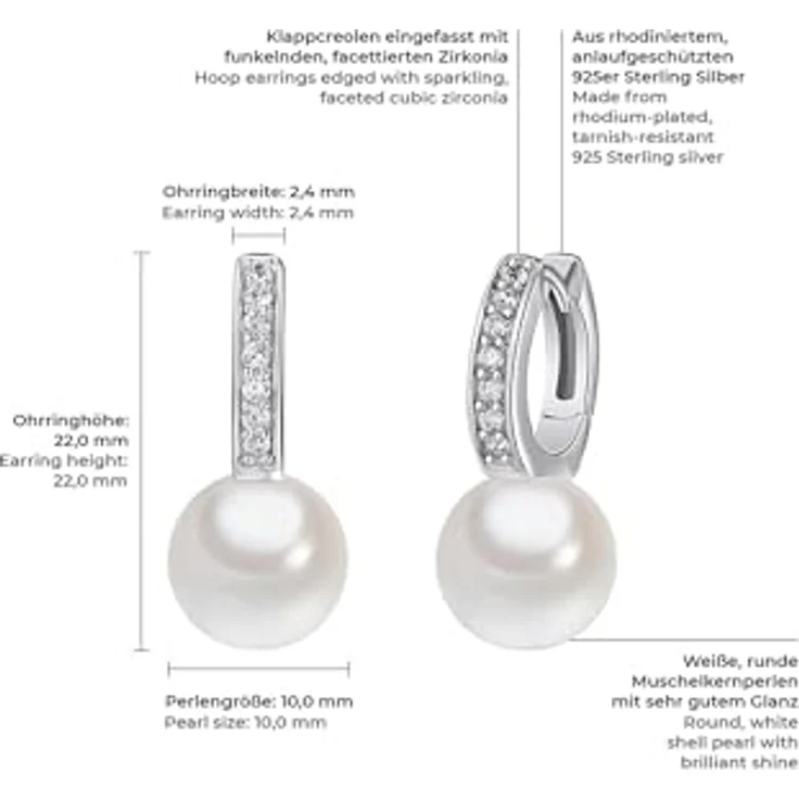 Rafaela Donata Damen-Ohrhänger Klappcreolen aus 925/- Sterling Silber mit weißen Muschelkernperlen (10 mm) und Zirkonia, glamouröser Perlenohrschmuck – Bild 2