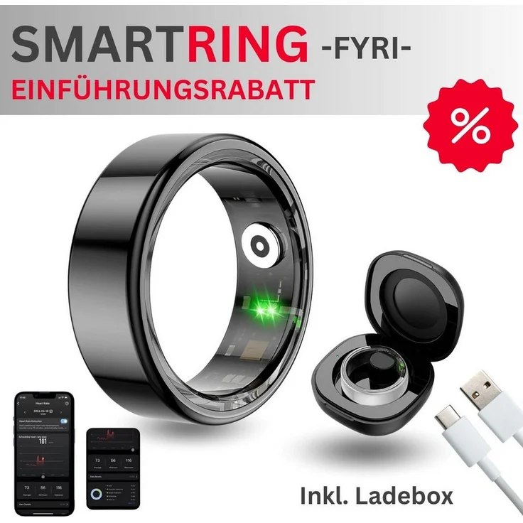 fontastic Smart Ring SMART-RING „FYRI“, Körperüberwachung aus antibakteriellem Edelstahl, 5ATM wasserdicht, Bluetooth, Hypoallergen, 6 Größen verfügbar