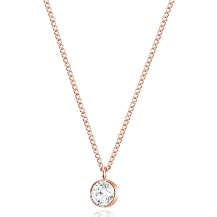 day.berlin Damen Halskette Fade, 18k vergoldet in Rosegold mit 6mm Zirkonia Kristall Anhänger, feine Panzerkette 45+5cm, nickelfrei & wasserfest aus 316L Edelstahl