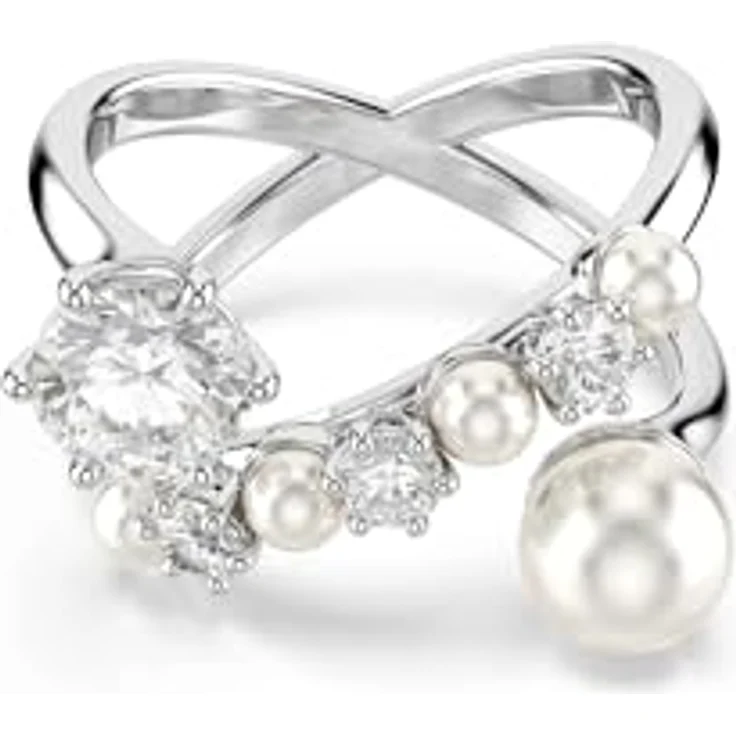 Swarovski Matrix Cocktailring, Weißer, Rhodinierter Ring mit Kristallperlen und Zirkonia im Rundschliff, Offenes Design, Größe: 55 – Bild 1