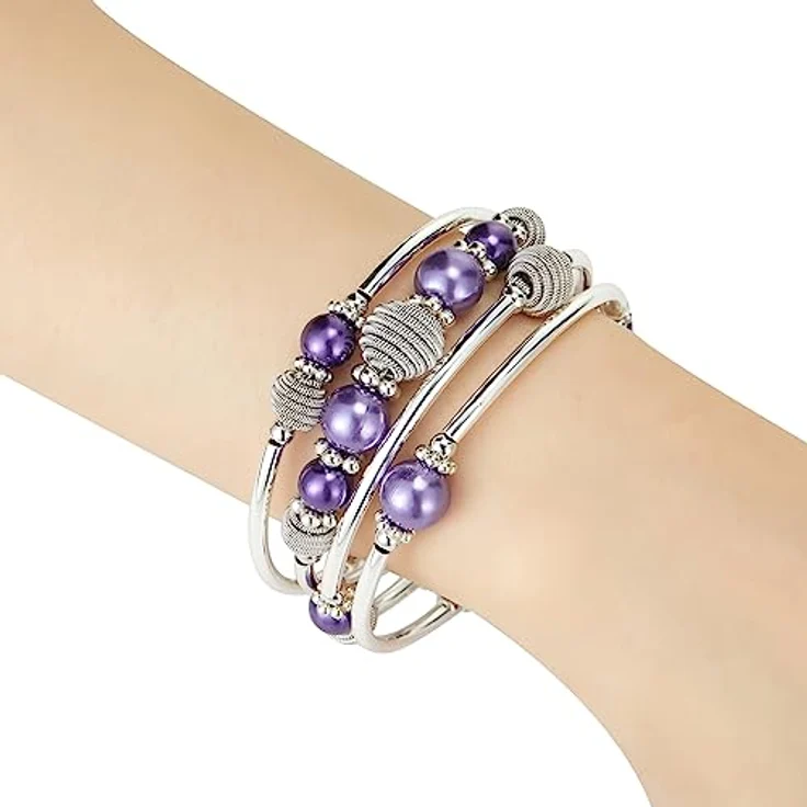 Bulinlin Silber Wickelarmband mit Naturstein Perlen, Boho Mehrschichtiges Damen Armband in Violett, perfektes Geburtstagsgeschenk – Bild 2