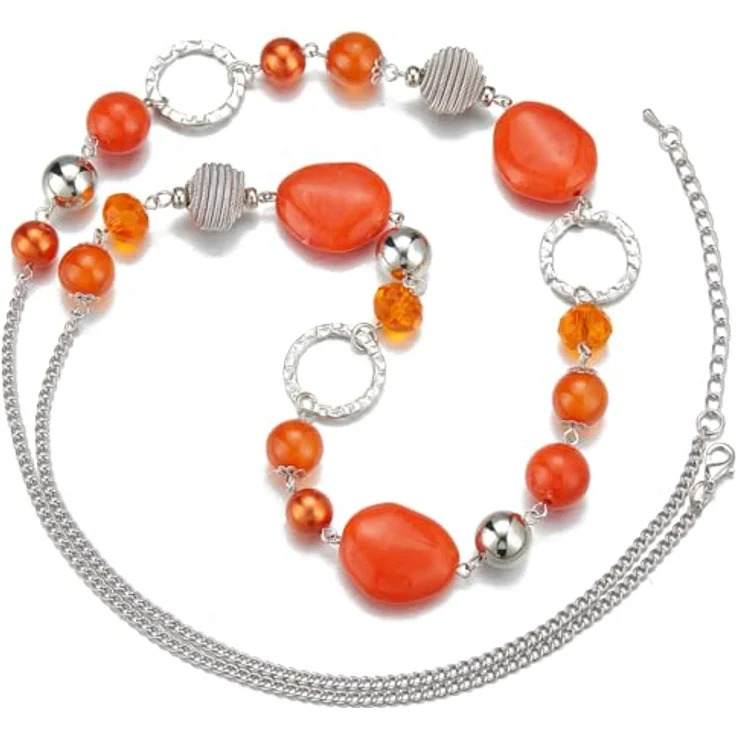 Bulinlin Damen Lange Perlenkette, Statement Boho Silberkette mit Harz- und Glaskristallperlen, orange, 35-Zoll mit Verlängerung – Bild 2