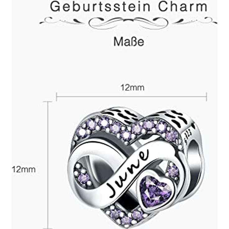 BIZK Damen Juni Geburtsstein Charm Anhänger, 925 Sterling Silber mit lila Zirkon Steinen, passend für Pandora Armbänder, ideales Geschenk für Frauen – Bild 5