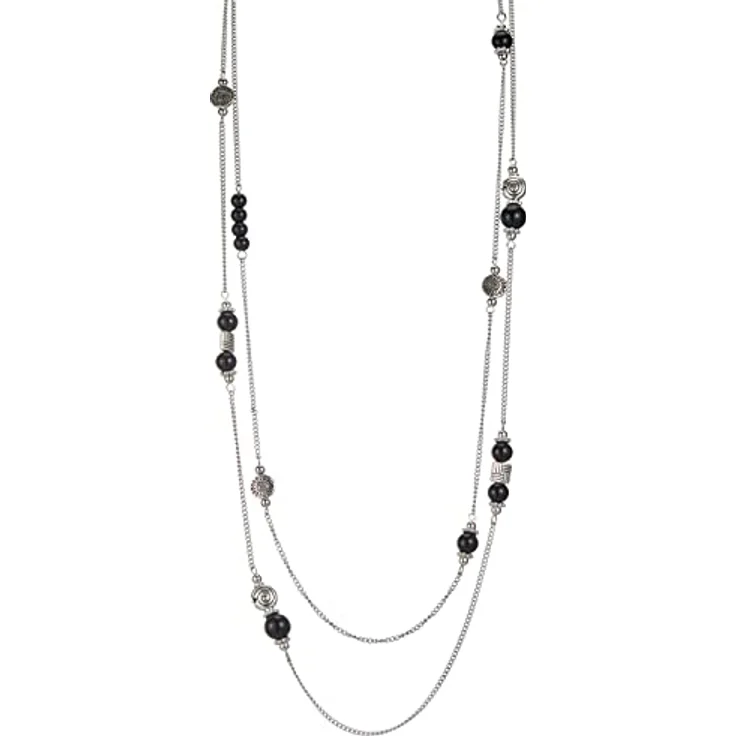 Bulinlin Damen Lange Perlen Kette Statement Halskette 36,5 Zoll mit Silber Anhänger - Modeschmuck in Schwarz als Geschenk für Frauen – Bild 1