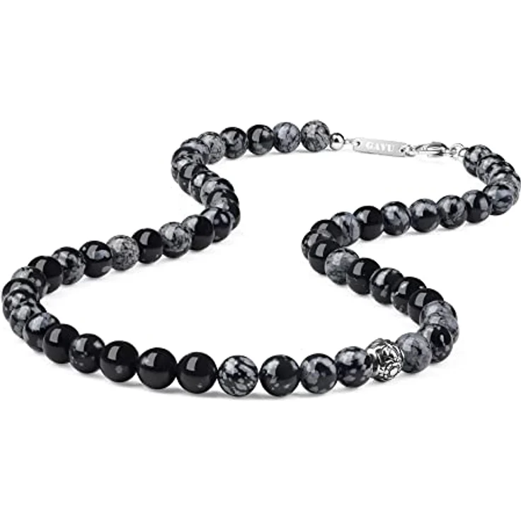 GAVU Herren Halskette, handgemachte 60 cm Schneeflocken Obsidian mit Edelstahl Fleur De Lis Perlen, heilender Kristall – Bild 1