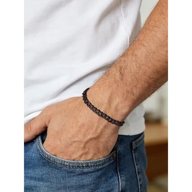 FindChic Herren Armband Schwarz 5MM, Edelstahl kubanische Armkette, 19cm Länge, Geschenkbox – Bild 2