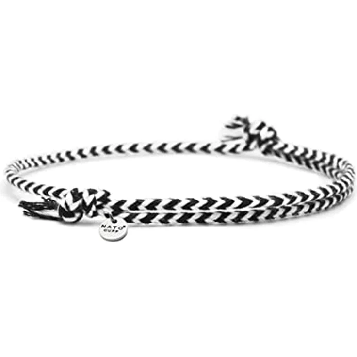 Nato Cuff Geflochtenes Baumwollarmband, Handgefertigt in Frankreich, Edelstahlmedaille 316L, Verstellbar, Schwarz-Weiss V2 – Bild 1