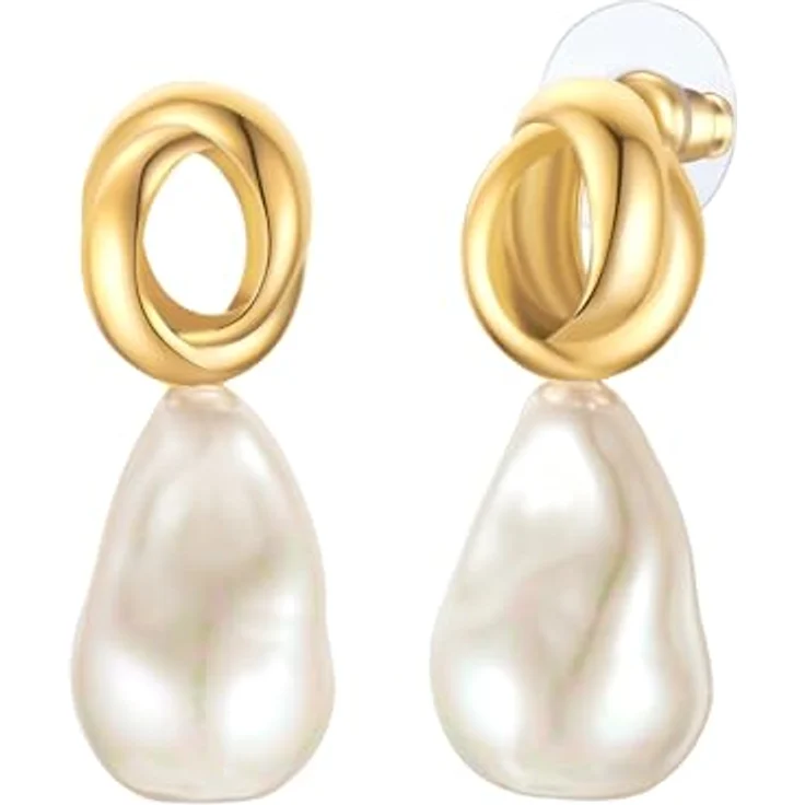 Yokoamii Damen Ohrringe, gelbvergoldet 14 Karat mit barock Muschelkernperle 12,0-12,5 mm, Modeschmuckohrhänger mit Steckverschluss – Bild 1
