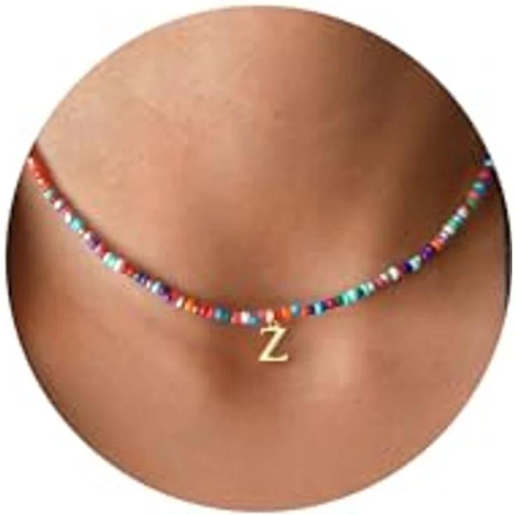 TINGN Bunte Perlen Kette mit Buchstaben Z, Modeschmuck für Teenager Mädchen, verstellbar 35cm + 5cm, Edelstahl goldvergoldet, personalisierte Geschenke für Frauen und Mädchen – Bild 1