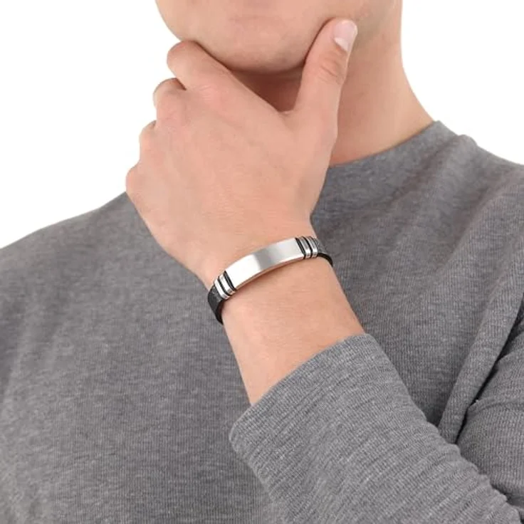 s.Oliver Herren Armband aus Edelstahl und Leder, gravierbare Identplatte, 12 mm breit, in Schmuck Geschenk Box – Bild 2