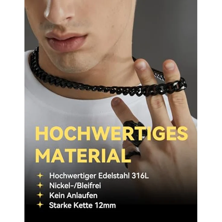 ChainsHouse Panzerkette Halskette, Edelstahl Männer Kette 12mm Glieder, 46cm, schwarz, antiallergen, Hip Hop Halsschmuck – Bild 2