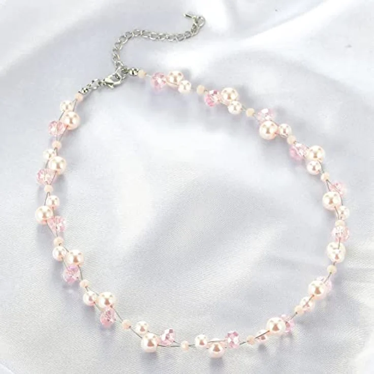 Bulinlin Damen Kristall Perlenkette, Silber Boho Statement Choker Halskette mit verlängerbarem Umfang, leicht rosa – Bild 4