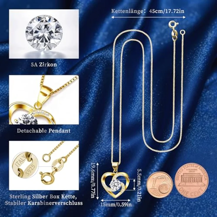 B.Catcher Silber 925 Herzkette Damen, Herzanhänger mit 5A Zirkonia, 45 cm, hypoallergen, elegantes Geschenk für Frauen – Bild 4