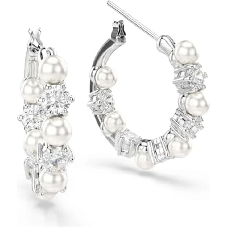 Swarovski Matrix Kreolen, Rhodinierte Damenohrringe mit Weißen Swarovski Kristallen und Kristallperlen, Größe: 1.8 x 0.4 cm – Bild 3