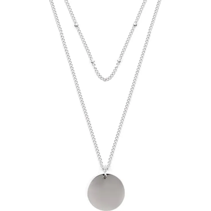 Happiness Boutique Damen Zweireihige Kette mit Kreis Anhängern aus Edelstahl in Silberfarbe | Trendige Mehrreihige Kette mit Runde Plättchen für jeden Anlass