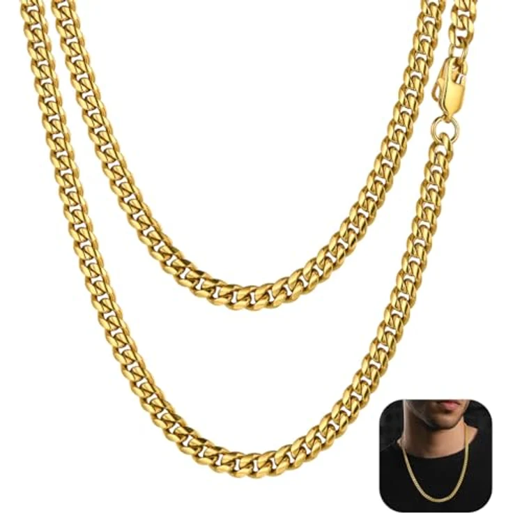 PROSTEEL Herren Halskette Panzerkette 6mm breit, 18k vergoldet, 76cm, gold, Hip-Hop Street Style, Edelstahl – Bild 1