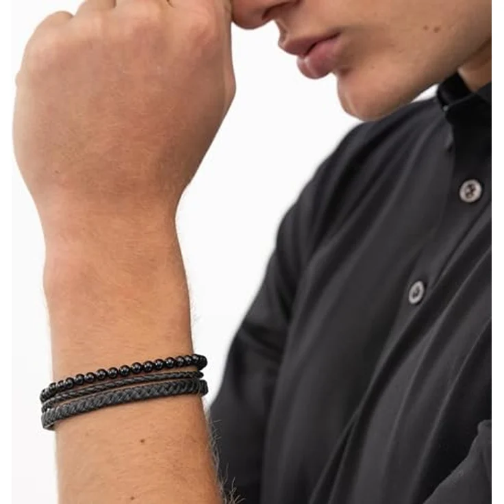 BOSS Jewelry Herren-Armband Sphere Mixed, Onyxperlen und schwarzes Leder, verstellbarer Schiebeverschluss, schwarze Farbe - 1580786 – Bild 4