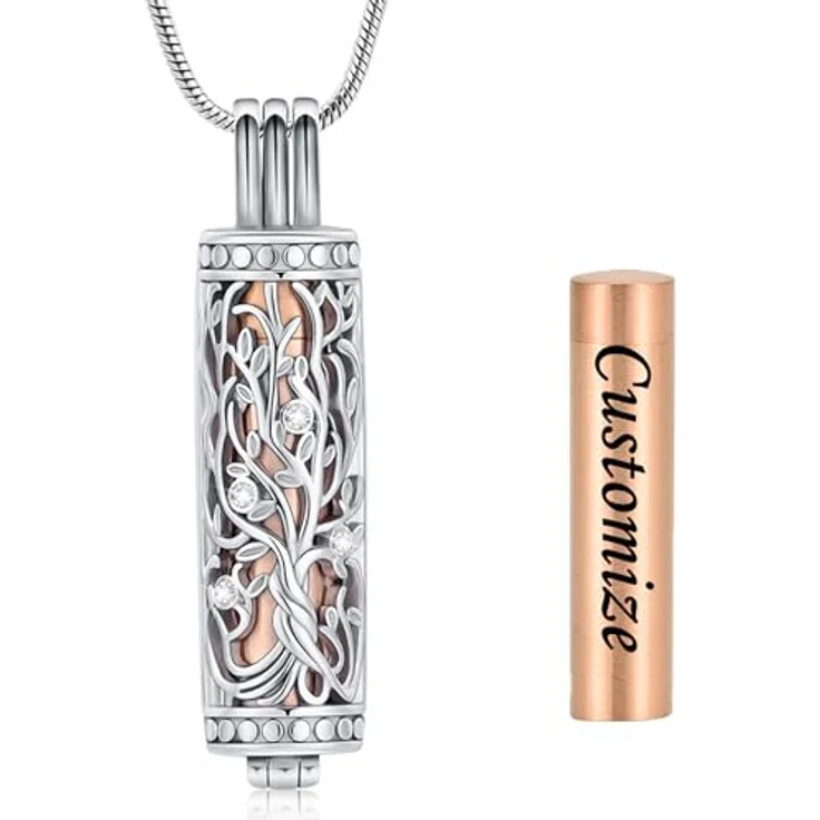 VCCWYQK Zylinder Kremation Schmuck, Edelstahl Urne Asche Halskette für Frauen und Männer, 50,8 cm mit personalisierbarem Anhänger Baum des Lebens – Bild 2