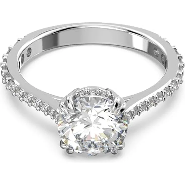 Swarovski Stilla Cocktailring, Rhodinierter Damenring mit Princess-Schliff und Pavé, Strahlende Swarovski Kristalle