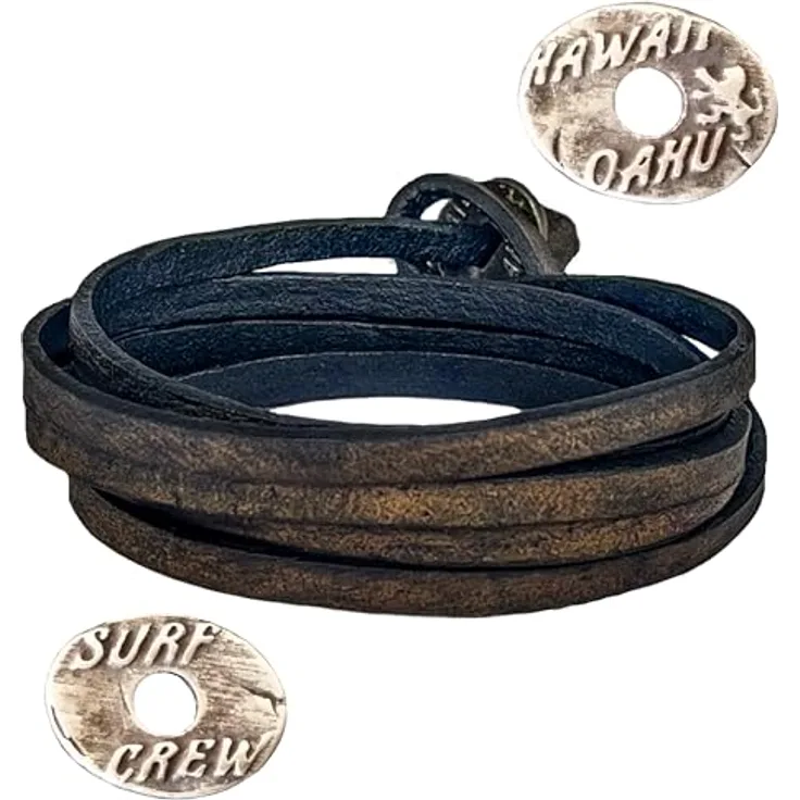 LOCAL LEAGUE Leder-Wickelarmband 'SURF CREW HAWAII', verstellbar bis 95 cm, handgemacht in Europa, aus echtem Leder in Kaffeeschwarz