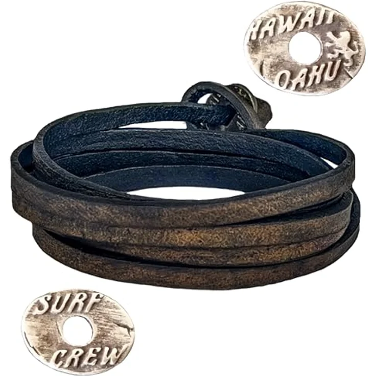 LOCAL LEAGUE Leder-Wickelarmband 'SURF CREW HAWAII', verstellbar bis 95 cm, handgemacht in Europa, aus echtem Leder in Kaffeeschwarz – Bild 1