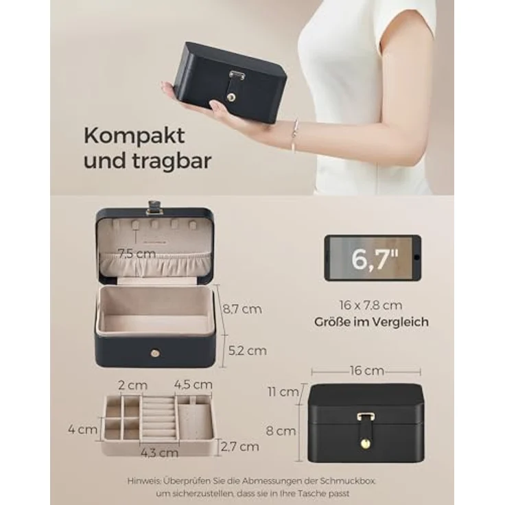 SONGMICS GISELLA Schmuckkästchen, tragbare Schmuckaufbewahrung mit 2 Ebenen, tintenschwarz, 11,6 x 16 x 7,5 cm, ideal für größere Accessoires – Bild 3