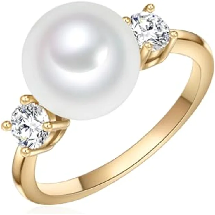 Lulu & Jane Damen-Ring, gelbvergoldet aus Messing mit 10 mm weißen Muschelkernperle und Zirkonia - eleganter Perlenring